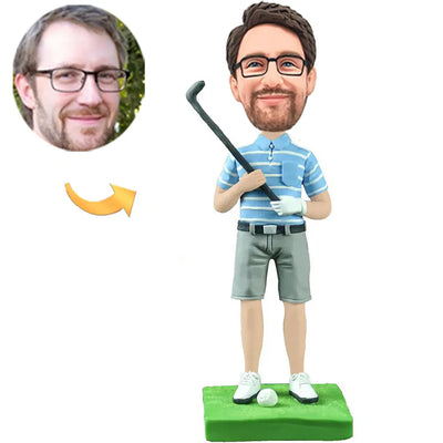 Custom Bobblehead Golfer with Engraved Text – Cool Style in Blue and Gray