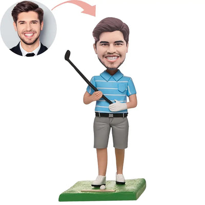 Custom Bobblehead Golfer with Engraved Text – Cool Style in Blue and Gray