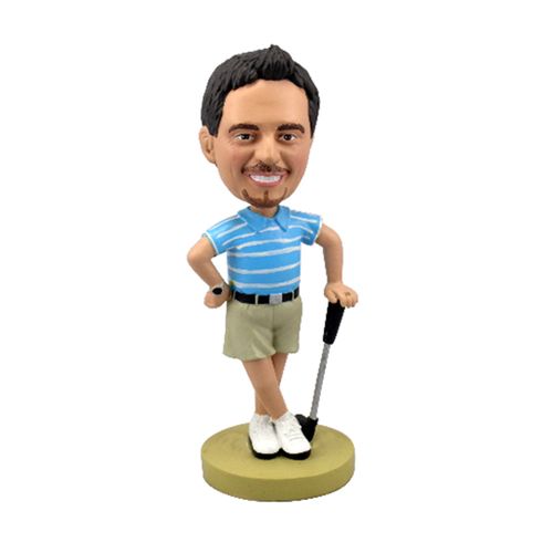 Custom Bobblehead Golfer with Engraved Text – Cool Style in Blue and Gray